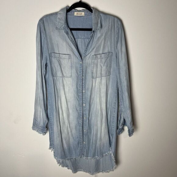 Bella Dahl Long Line Chambray Button Up Shirt Blue Raw Hem Small Blue​ - Picture 2 of 8